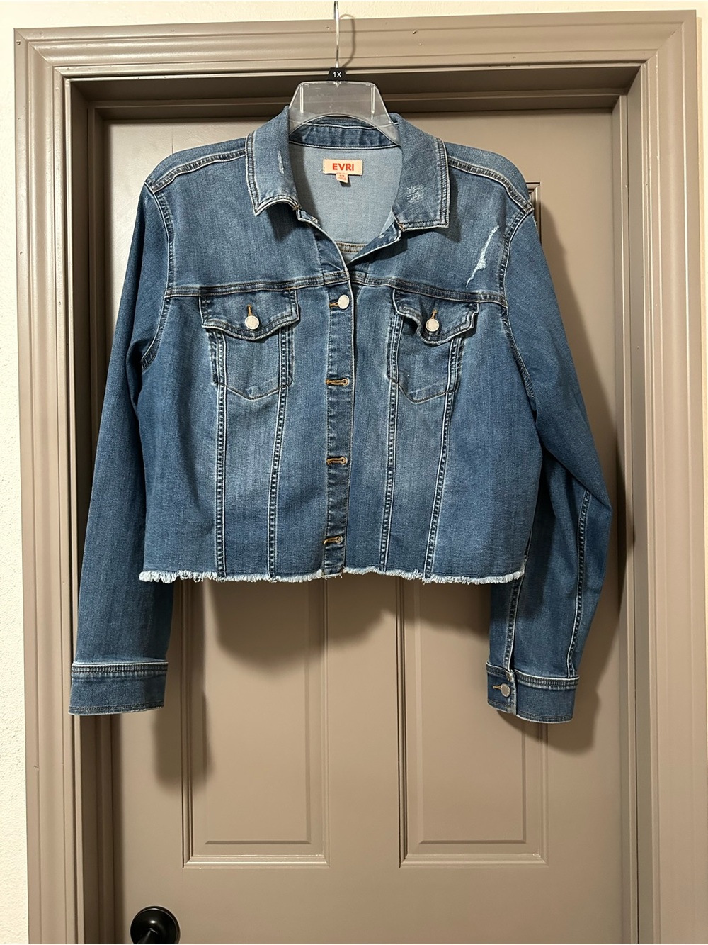 EVRI Distressed Crop Denim Jacket in Blue Plus Size 2x